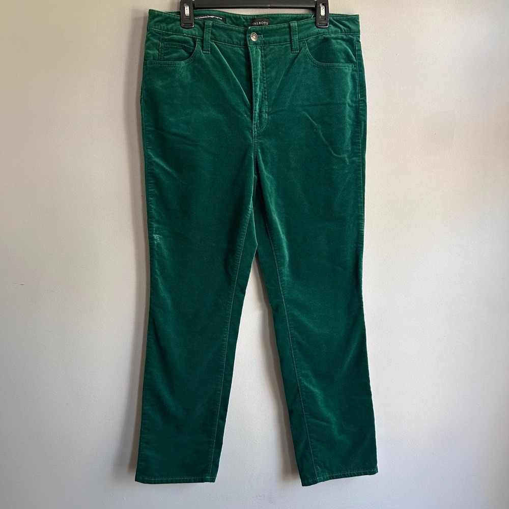 Talbots Velveteen Straight Leg Pants Womens 12P Emerald Green High Rise Stretch